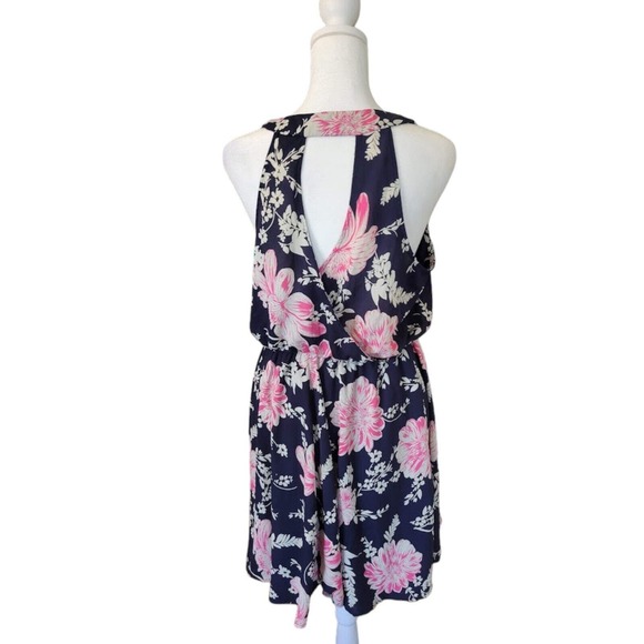 Lush Mini Blue Pink Floral Sleeveless Skater Dress V-Neck Key Hole Back Sz L - Picture 2 of 8